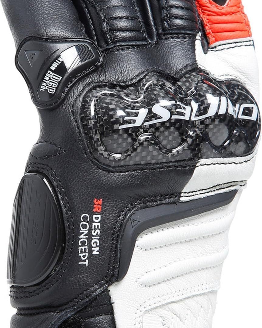 Dainese - Carbon 4 Long Lady Gloves, Guantes Moto Largos, Deportivos, En Piel, Con Protecciones De Carbono En Los Nudillos, Mujer, Negro/Blanco/Rojo Fluo, L