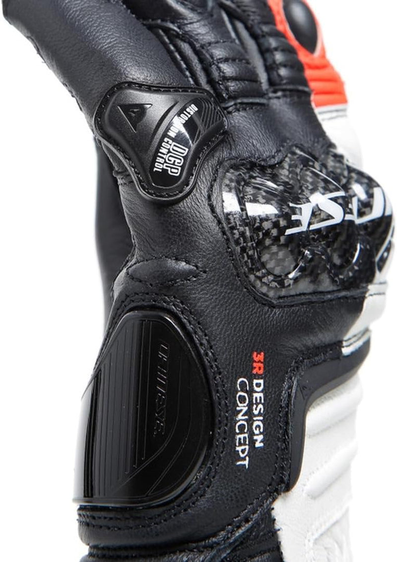 Dainese - Carbon 4 Long Lady Gloves, Guantes Moto Largos, Deportivos, En Piel, Con Protecciones De Carbono En Los Nudillos, Mujer, Negro/Blanco/Rojo Fluo, L