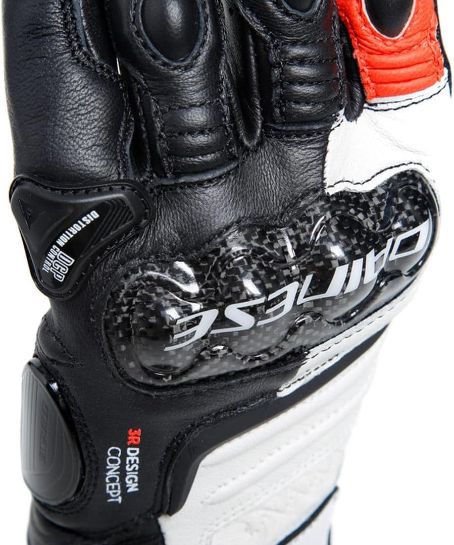 Dainese - Carbon 4 Long Lady Gloves, Guantes Moto Largos, Deportivos, En Piel, Con Protecciones De Carbono En Los Nudillos, Mujer, Negro/Blanco/Rojo Fluo, L