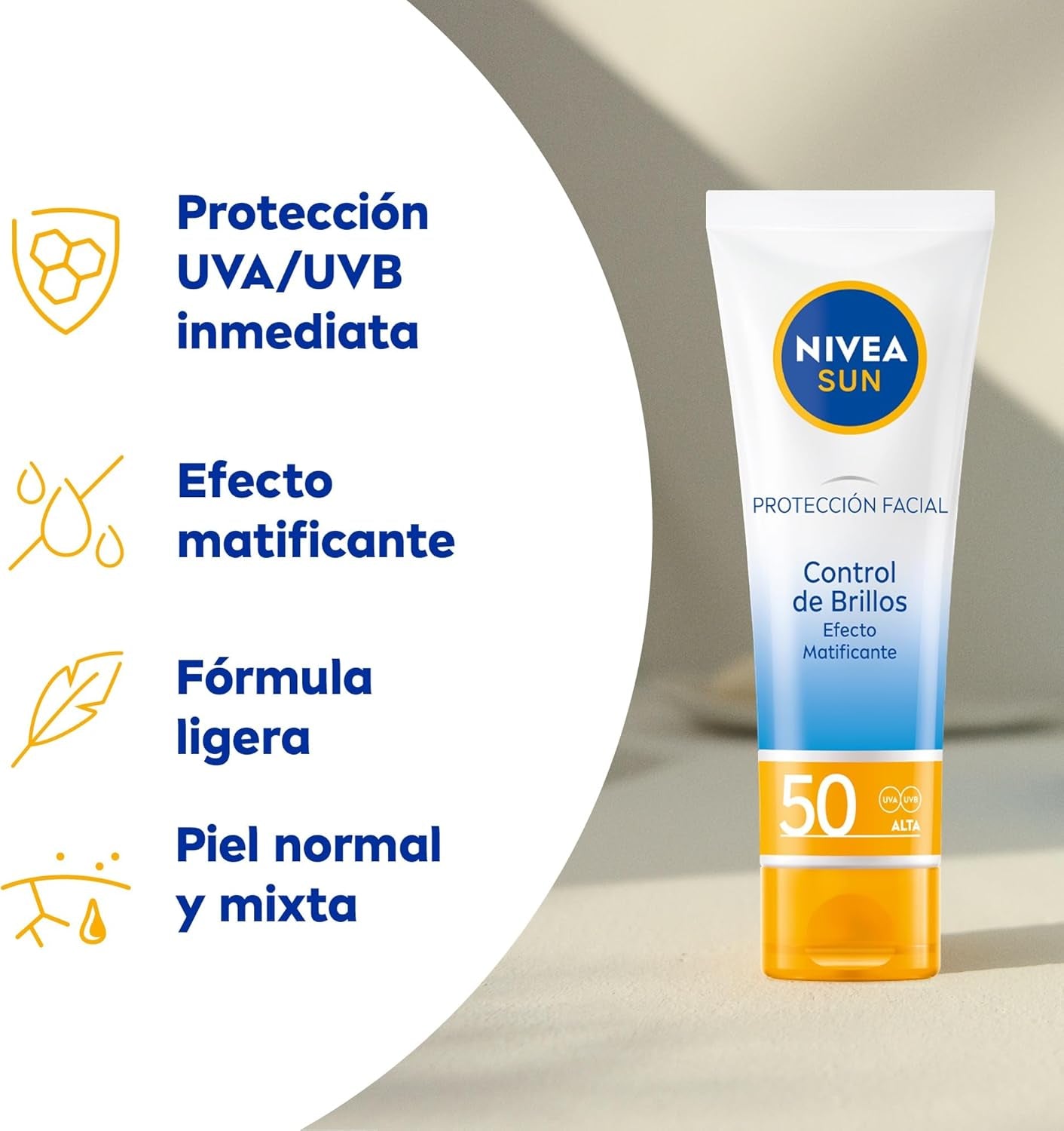 NIVEA SUN Protección Solar Alta UV Control De Brillos FP50 (50 Ml), Crema Facial, Matificante Con 0% Sensación Pegajosa