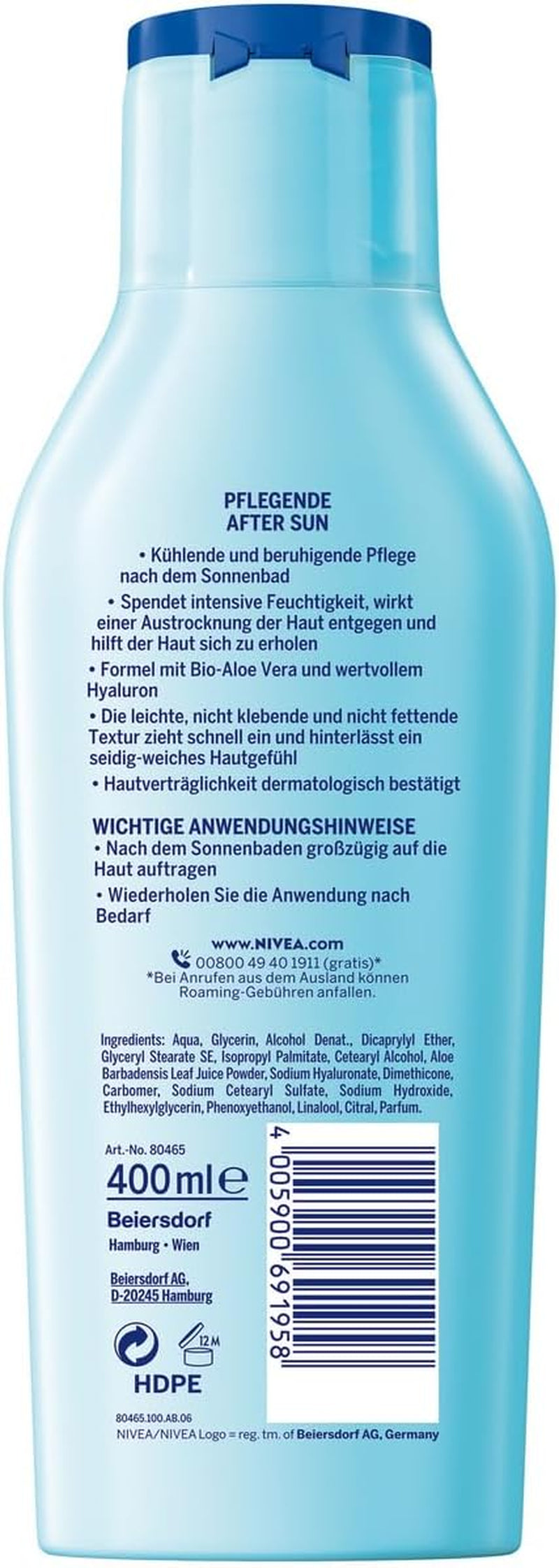 Pflegende after Sun Lotion - Loción Para El Cuidado De La Piel Después Del Sol (400 Ml) Con Efecto Calmante, Con Aloe Vera Orgánico Y Ácido Hialurónico Para Una Hidratación De 48 Horas