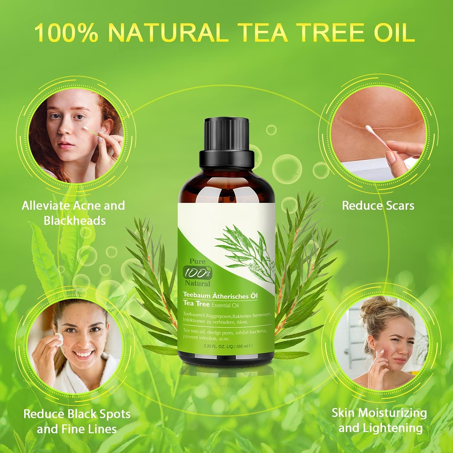 Aceite De Árbol De Té 100% Natural,100 ML Aceite Esenciale-Aceite De Acné,Tea Tree Oil Puro, Perfumado,Tratamiento Antiacné Contra La Piel Y Cara Con Imperfecciones,Antipinillas