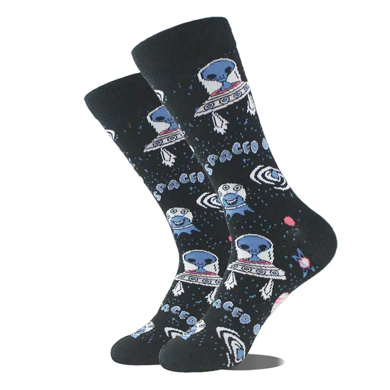 Cotton Happy Funny Socks Men Alien Planet Shark Crazy Design Sokken Unisex Novelty Dinosaur Crew Skateboard Calcetines Hombre