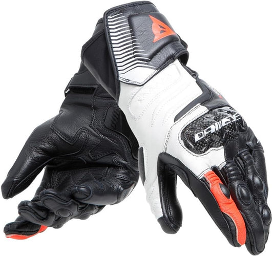 Dainese - Carbon 4 Long Lady Gloves, Guantes Moto Largos, Deportivos, En Piel, Con Protecciones De Carbono En Los Nudillos, Mujer, Negro/Blanco/Rojo Fluo, L