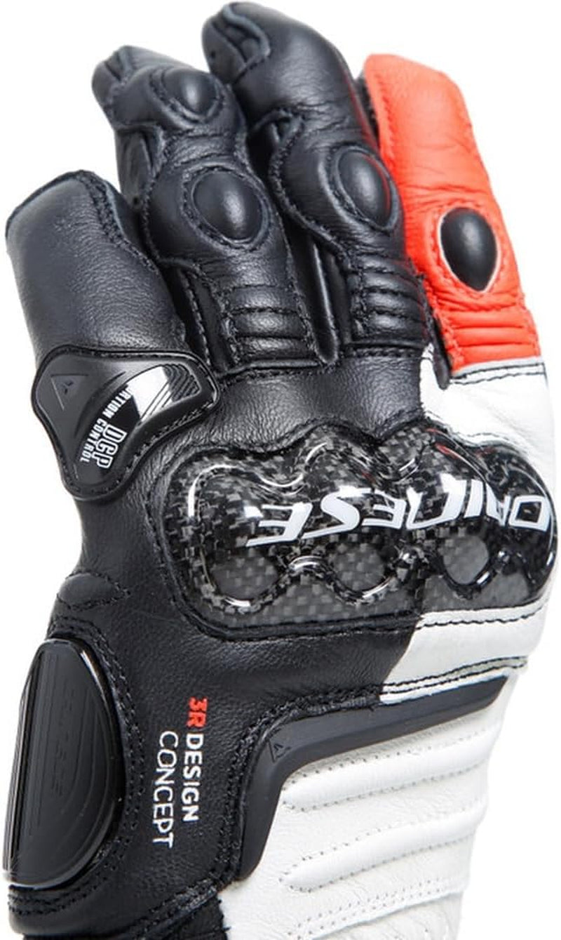 Dainese - Carbon 4 Long Lady Gloves, Guantes Moto Largos, Deportivos, En Piel, Con Protecciones De Carbono En Los Nudillos, Mujer, Negro/Blanco/Rojo Fluo, L