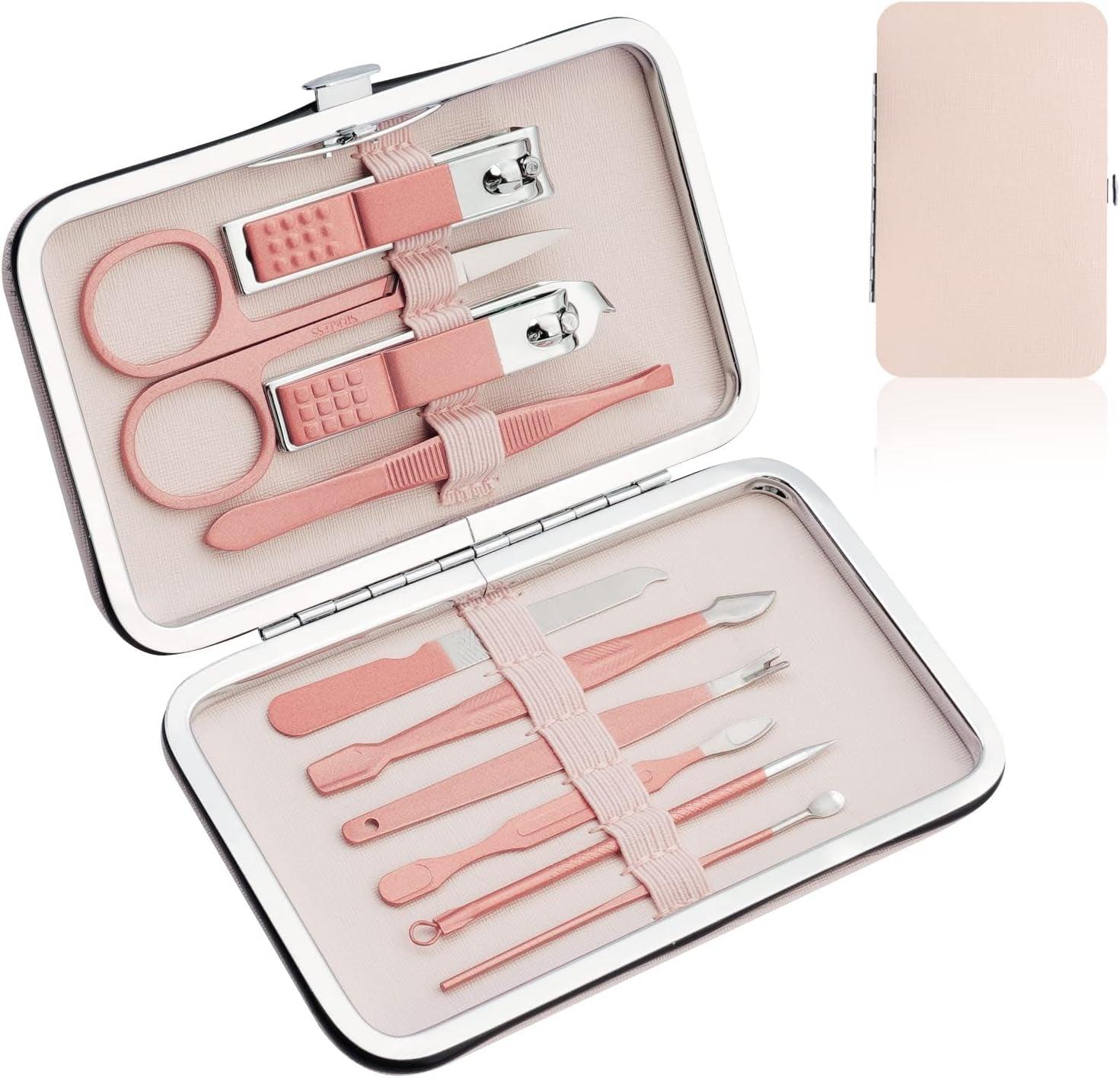 Set De Manicura Y Pedicura, 10Pcs Kit Manicura Con Cortauñas, Tijeras Uñas, Lima Uñas Y Empujador De Cuticulas, Kit Pedicura Profesional De Acero Inoxidable Para Viajes Y Hogar (Rosa)