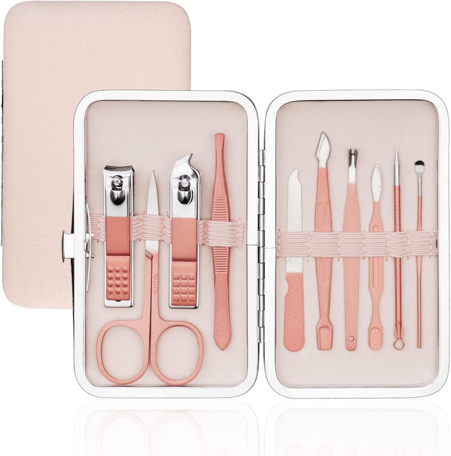 Set De Manicura Y Pedicura, 10Pcs Kit Manicura Con Cortauñas, Tijeras Uñas, Lima Uñas Y Empujador De Cuticulas, Kit Pedicura Profesional De Acero Inoxidable Para Viajes Y Hogar (Rosa)