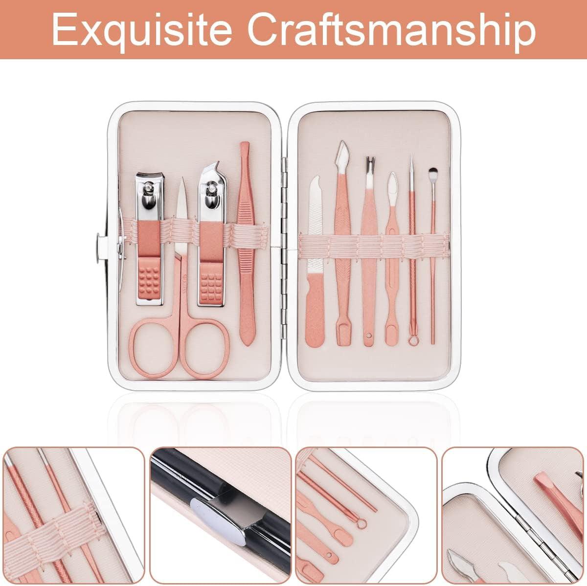 Set De Manicura Y Pedicura, 10Pcs Kit Manicura Con Cortauñas, Tijeras Uñas, Lima Uñas Y Empujador De Cuticulas, Kit Pedicura Profesional De Acero Inoxidable Para Viajes Y Hogar (Rosa)