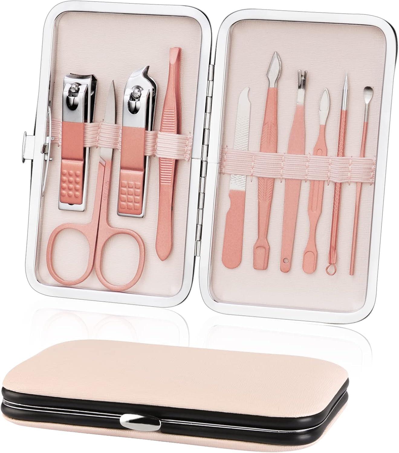 Set De Manicura Y Pedicura, 10Pcs Kit Manicura Con Cortauñas, Tijeras Uñas, Lima Uñas Y Empujador De Cuticulas, Kit Pedicura Profesional De Acero Inoxidable Para Viajes Y Hogar (Rosa)