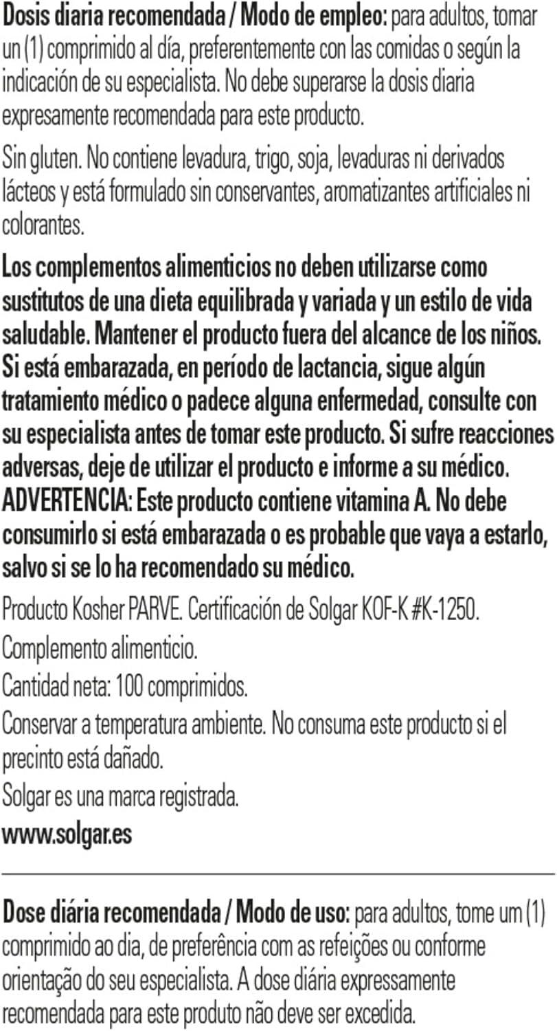 Solgar Vitamina a Seca 5000 Ui Comprimidos - Envase De, Multicolor, 100 Unidad